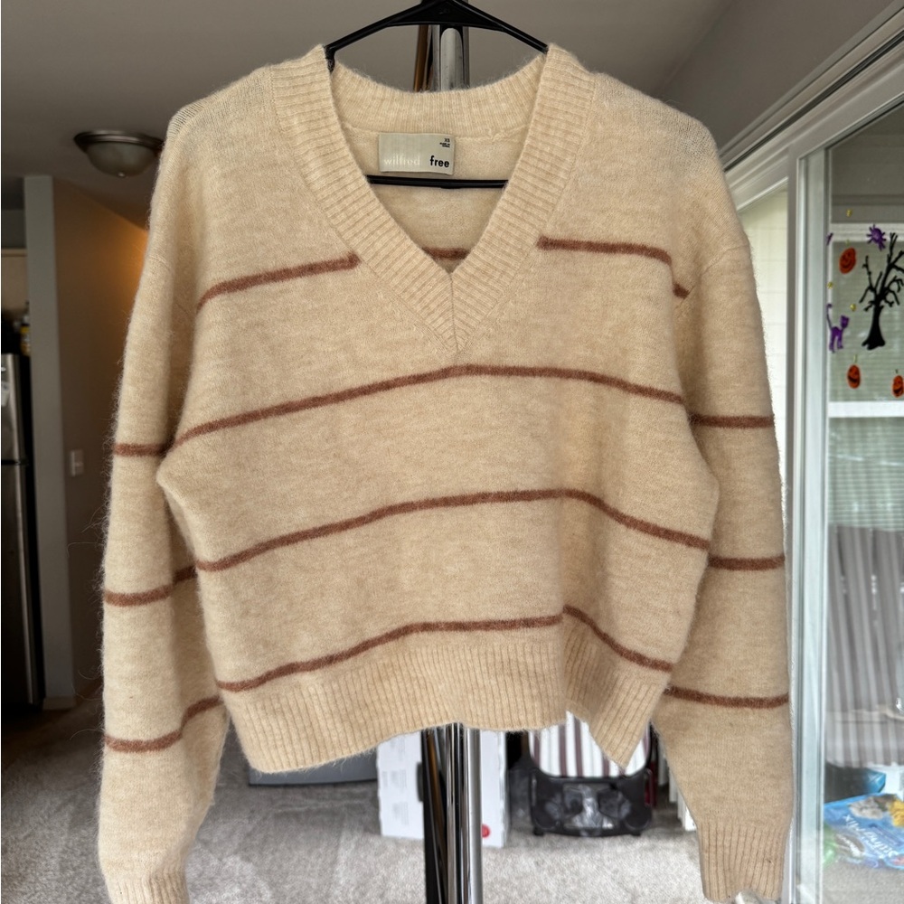 Wilfred Cream and Brown Striped V-Neck Sweater